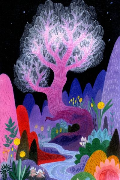 Whimsical Tree Landscape — Illustration Print. poster