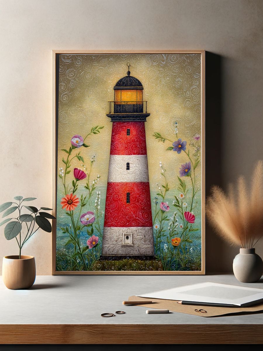 Lighthouse with Flowers — Illustration Print. — room view 2