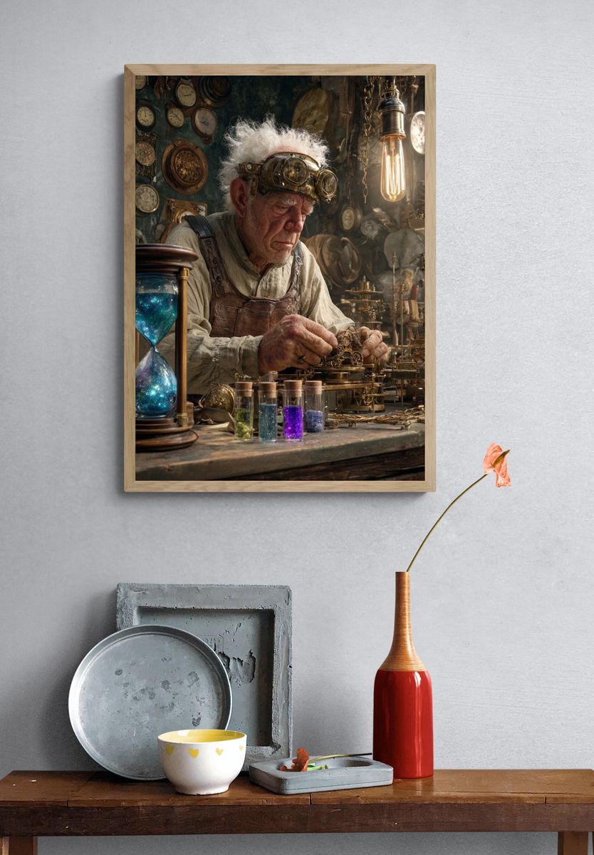 Steampunk Clockmaker Illustration Poster. — room view 3