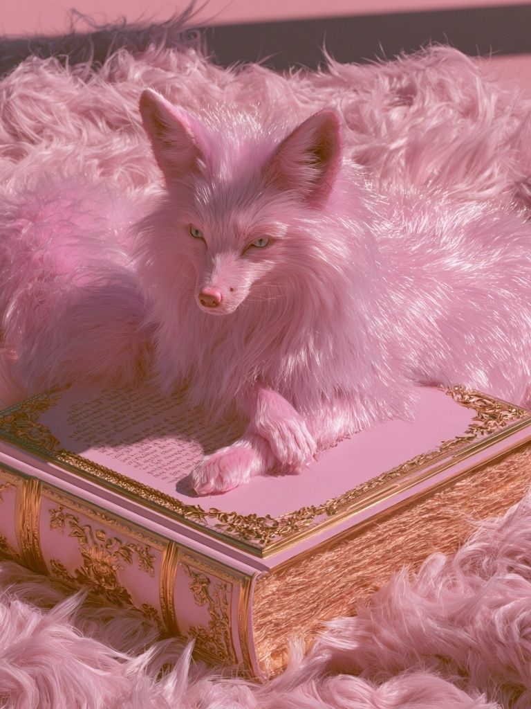 Pink Fox on Ornate Book Poster. poster — illustration art