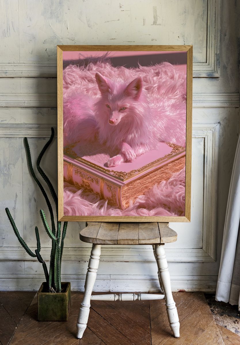 Pink Fox on Ornate Book Poster. room preview
