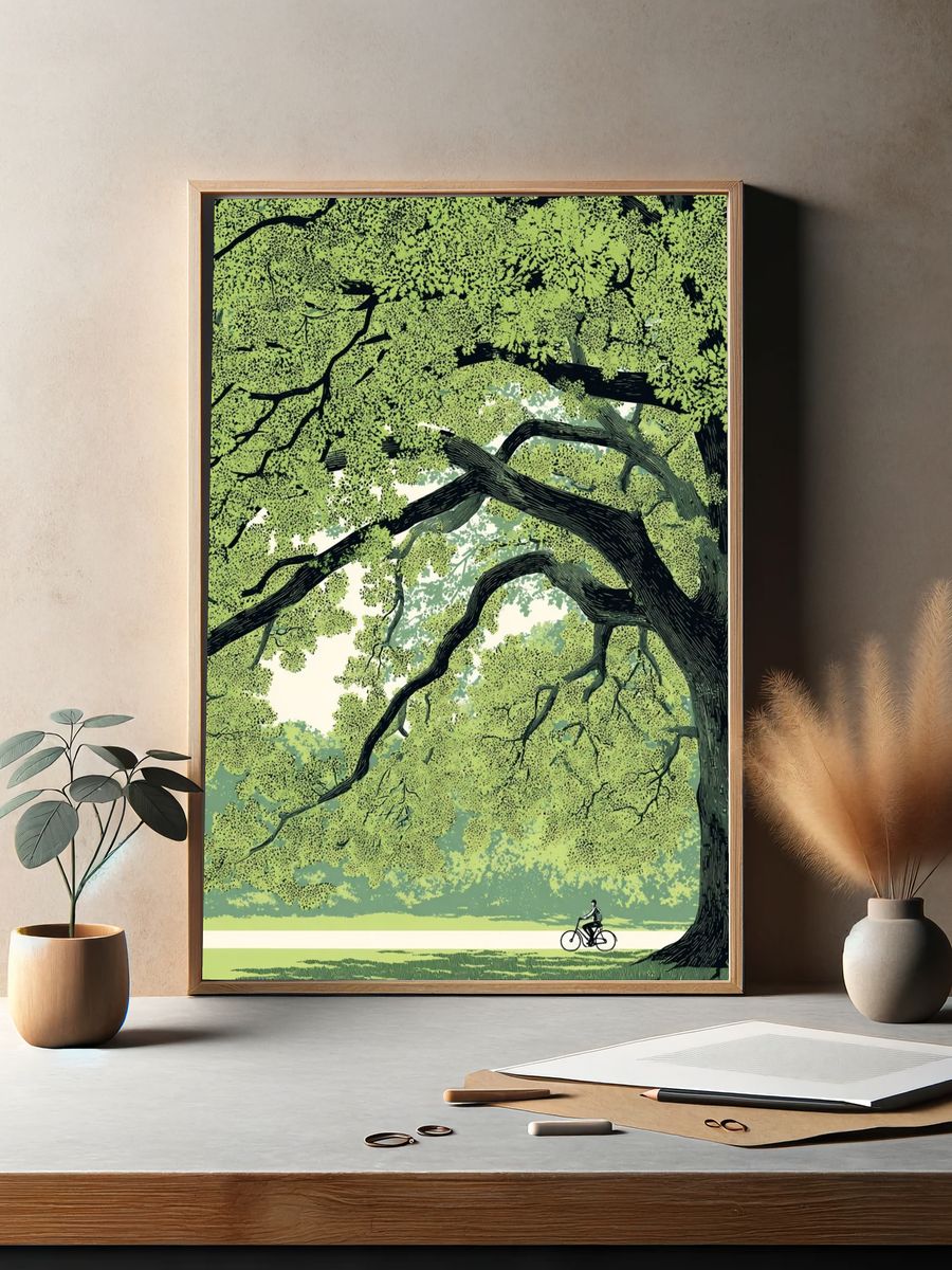 Bicyclist Under a Canopy — Illustration Print. — room view 2