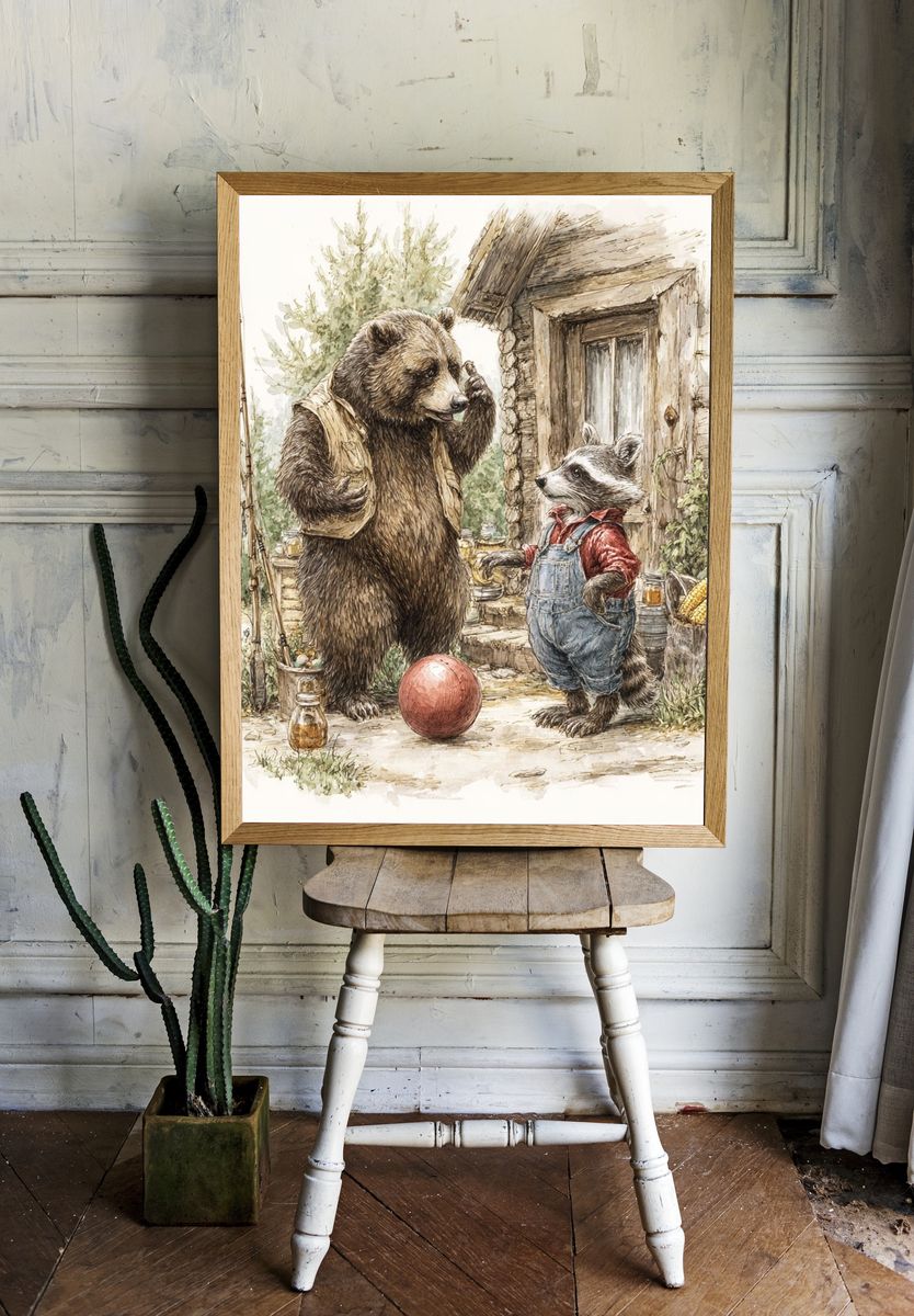 Bear and Raccoon Cabin Watercolor Print. — room view 1