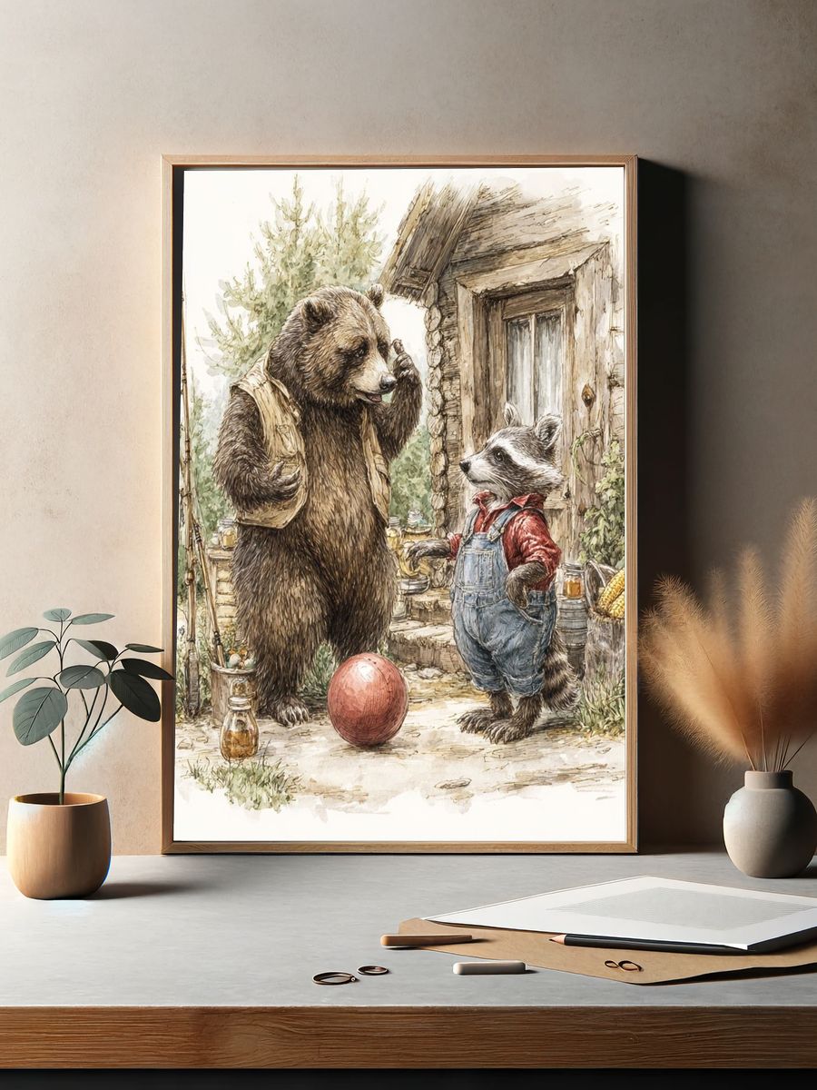 Bear and Raccoon Cabin Watercolor Print. — room view 2