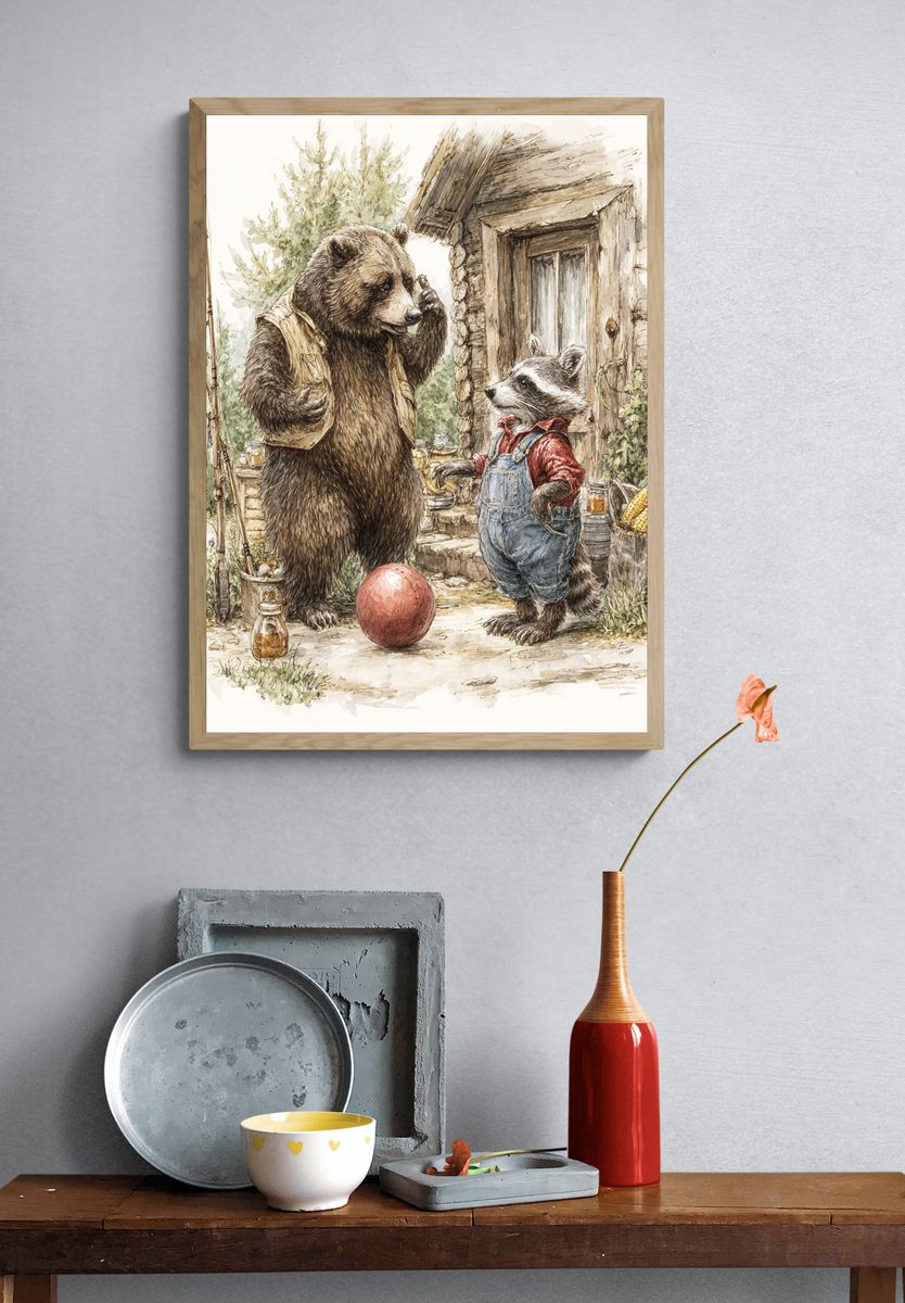 Bear and Raccoon Cabin Watercolor Print. — room view 3
