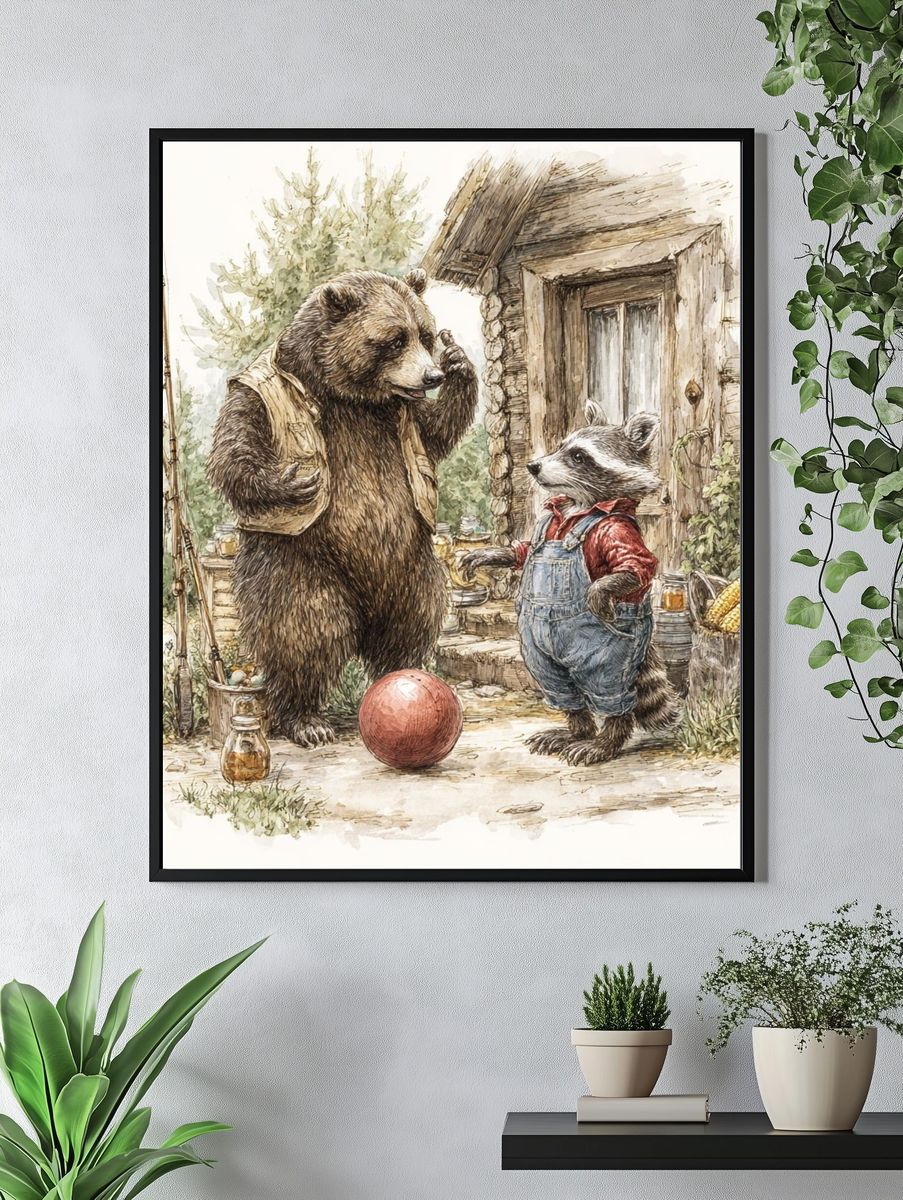 Bear and Raccoon Cabin Watercolor Print. — room view 4