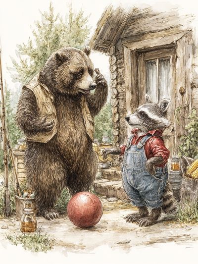 Bear and Raccoon Cabin Watercolor Print. poster print