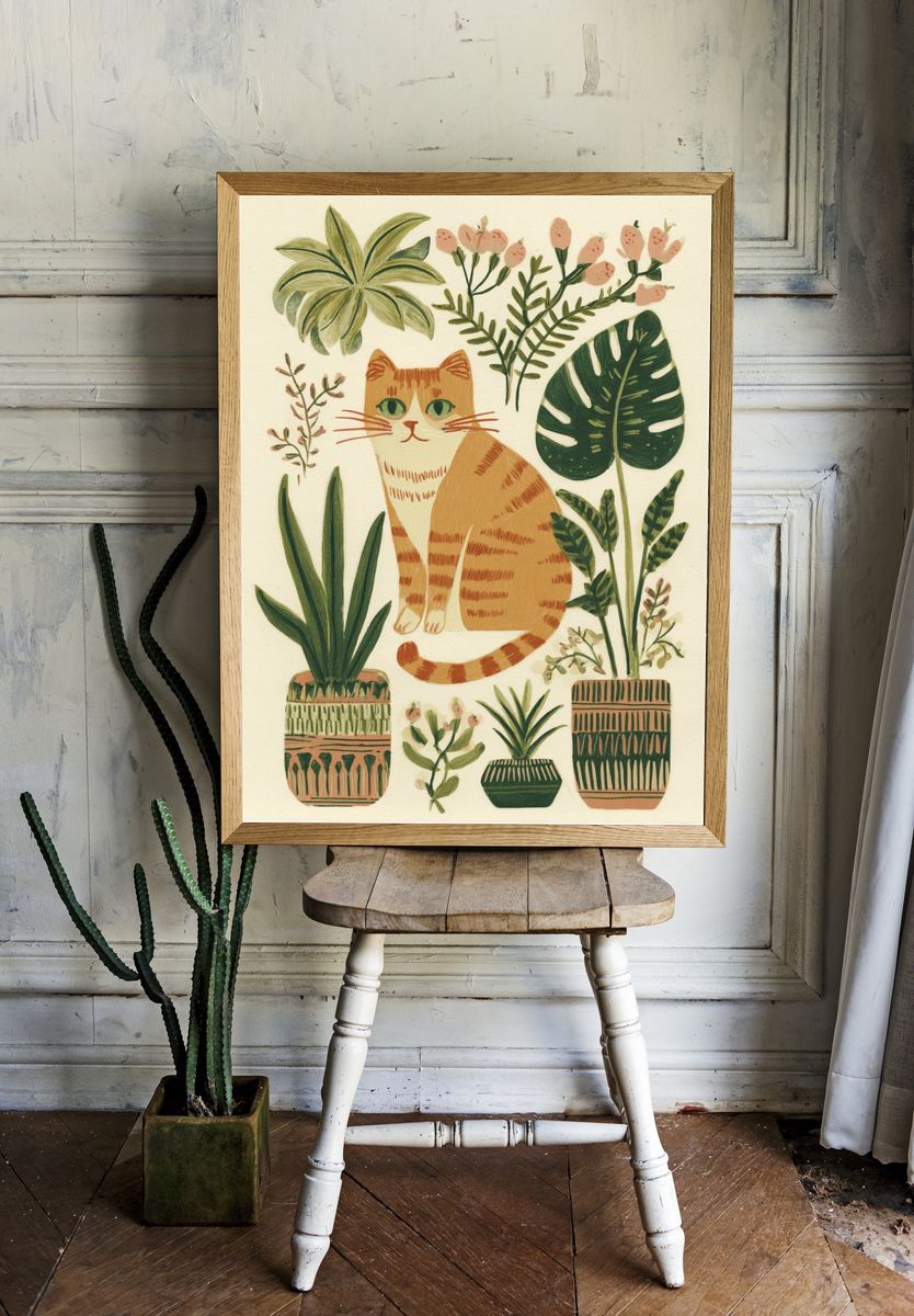 Botanical Cat Watercolor Print. room preview
