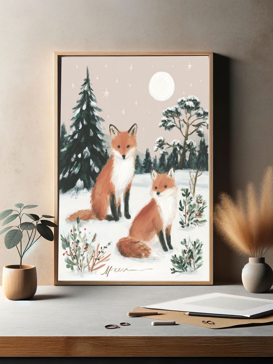 Winter Foxes Illustration Poster. — room view 2
