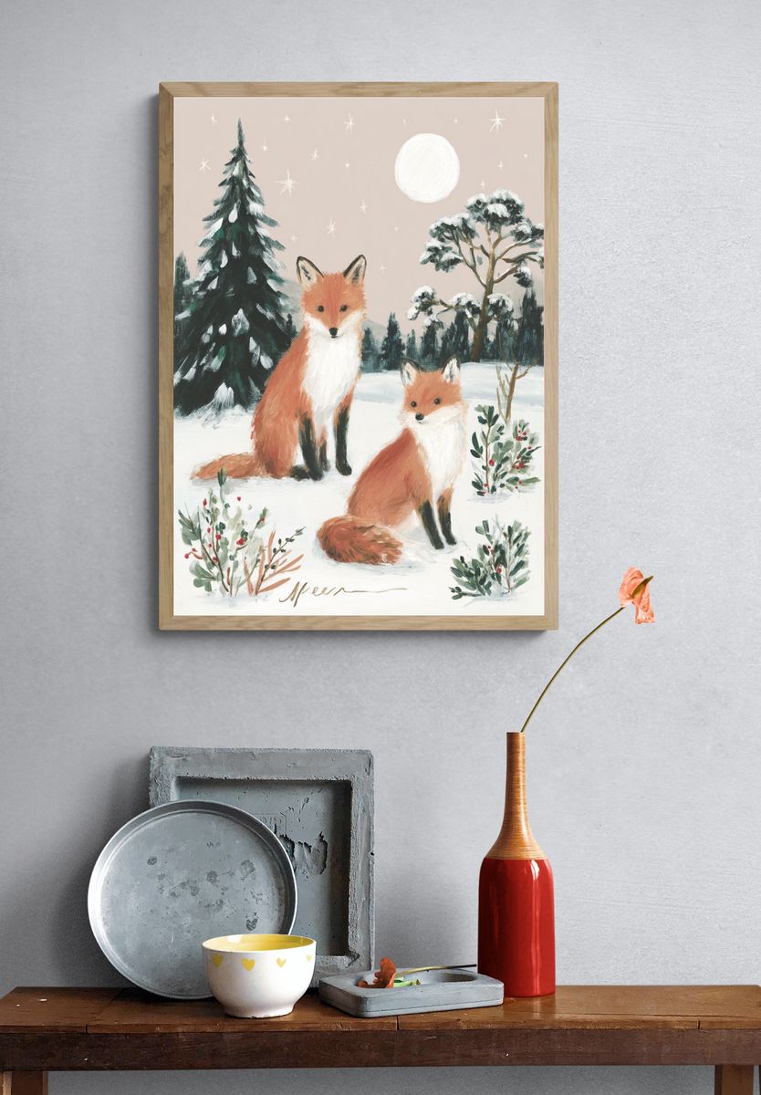 Winter Foxes Illustration Poster. — room view 3