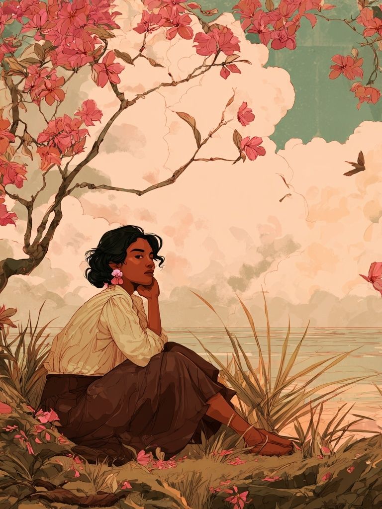 Contemplative Woman by the Water — Illustration Print. poster detail