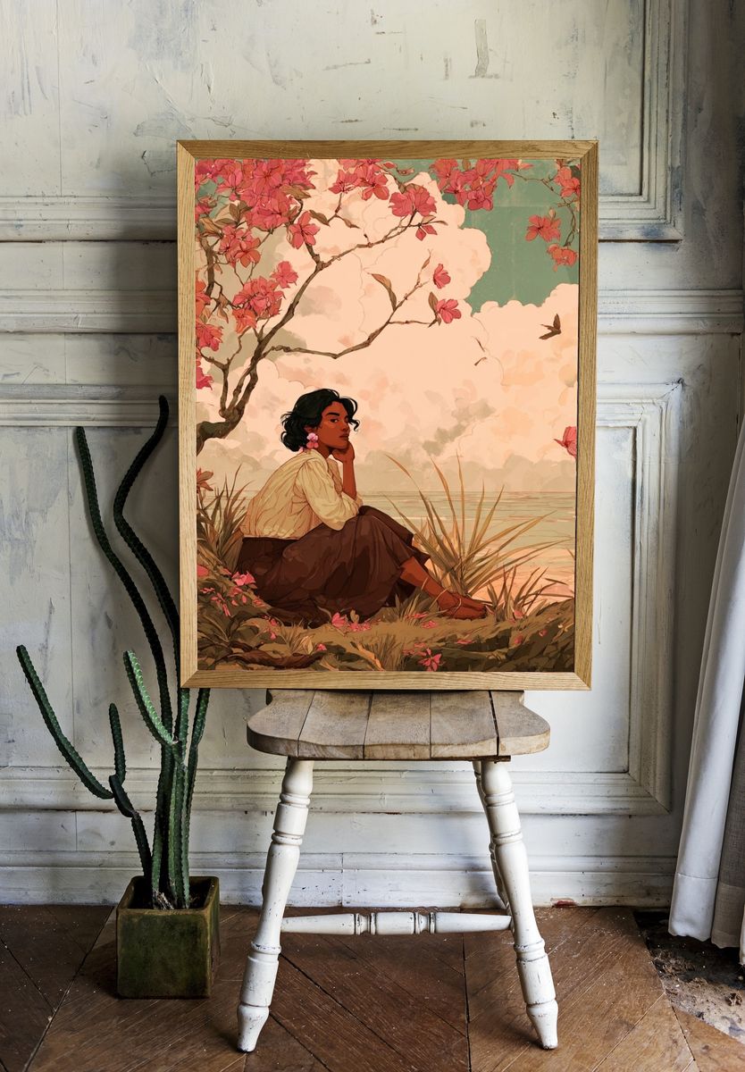 Contemplative Woman by the Water — Illustration Print. — room view 1