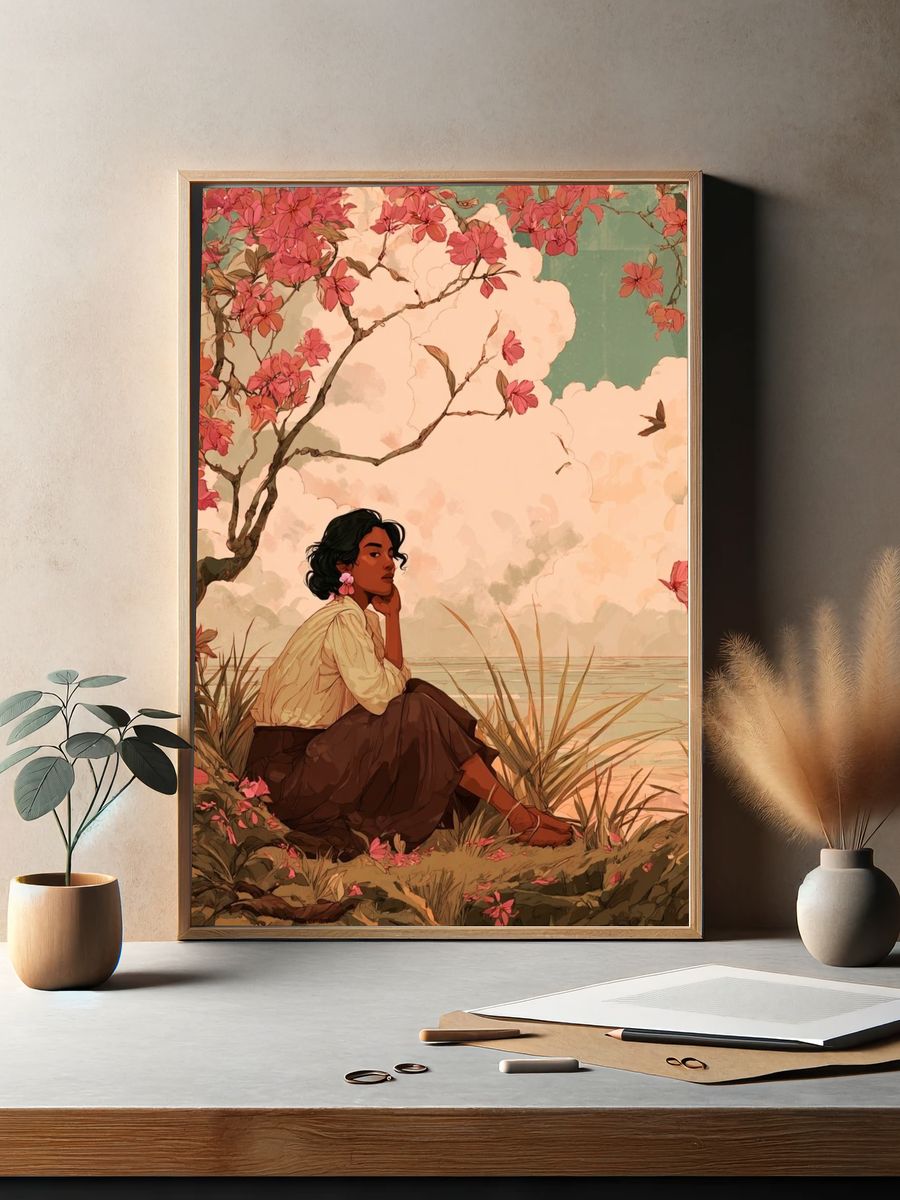 Contemplative Woman by the Water — Illustration Print. — room view 2