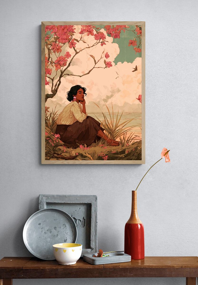 Contemplative Woman by the Water — Illustration Print. — room view 3