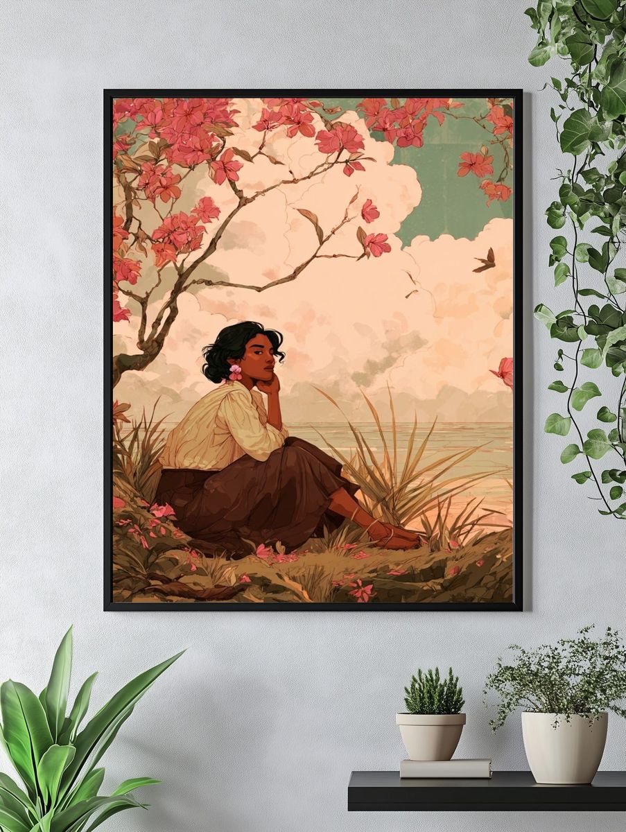 Contemplative Woman by the Water — Illustration Print. — room view 4