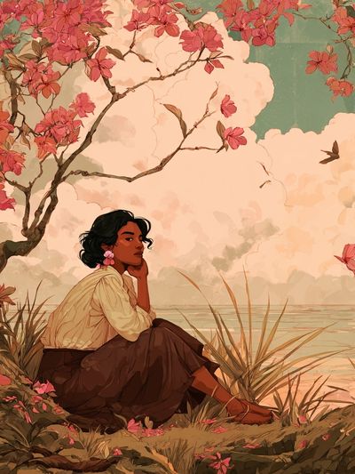 Contemplative Woman by the Water — Illustration Print. poster print