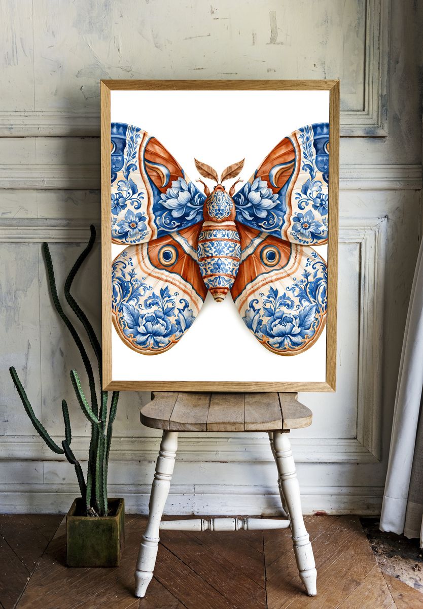 Blue Floral Moth Illustration Poster. room preview