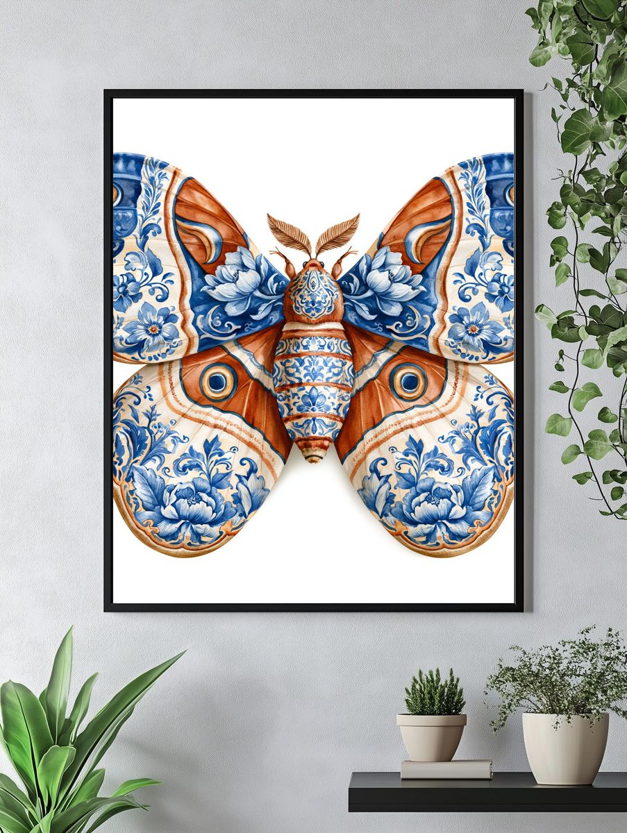 Blue Floral Moth Illustration Poster. — room view 4