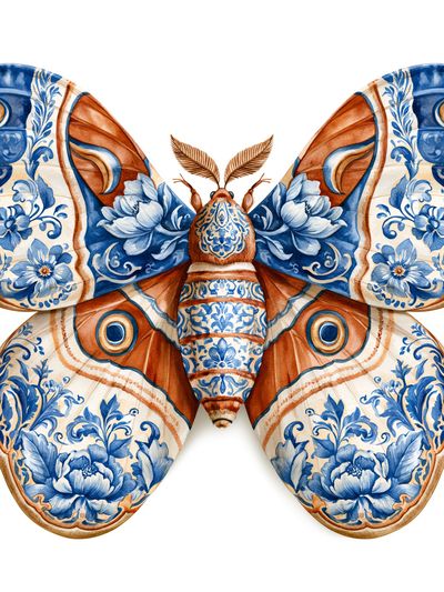 Blue Floral Moth Illustration Poster. poster
