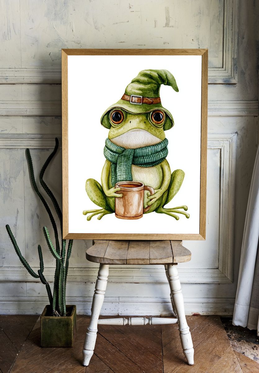 Wizard Frog Watercolor Print. room preview