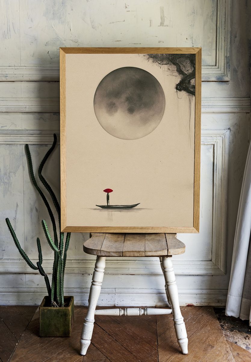 Moonlit Boat Ink Poster. room preview