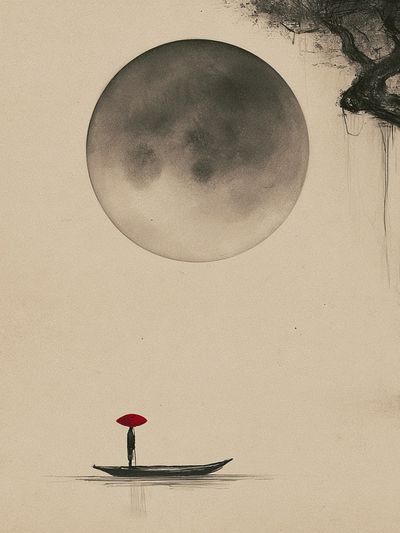 Moonlit Boat Ink Poster.