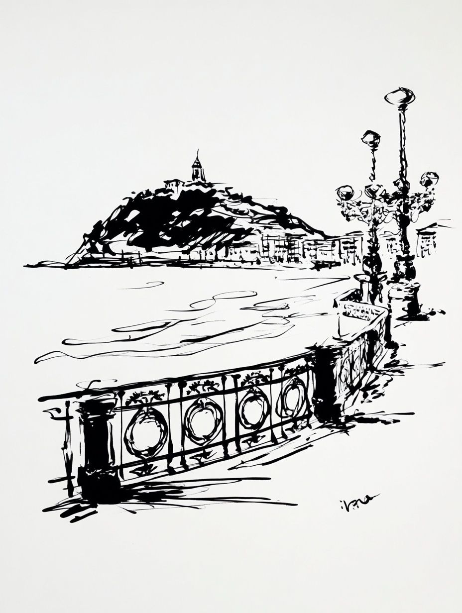 Seaside Promenade Ink Sketch Poster. poster detail