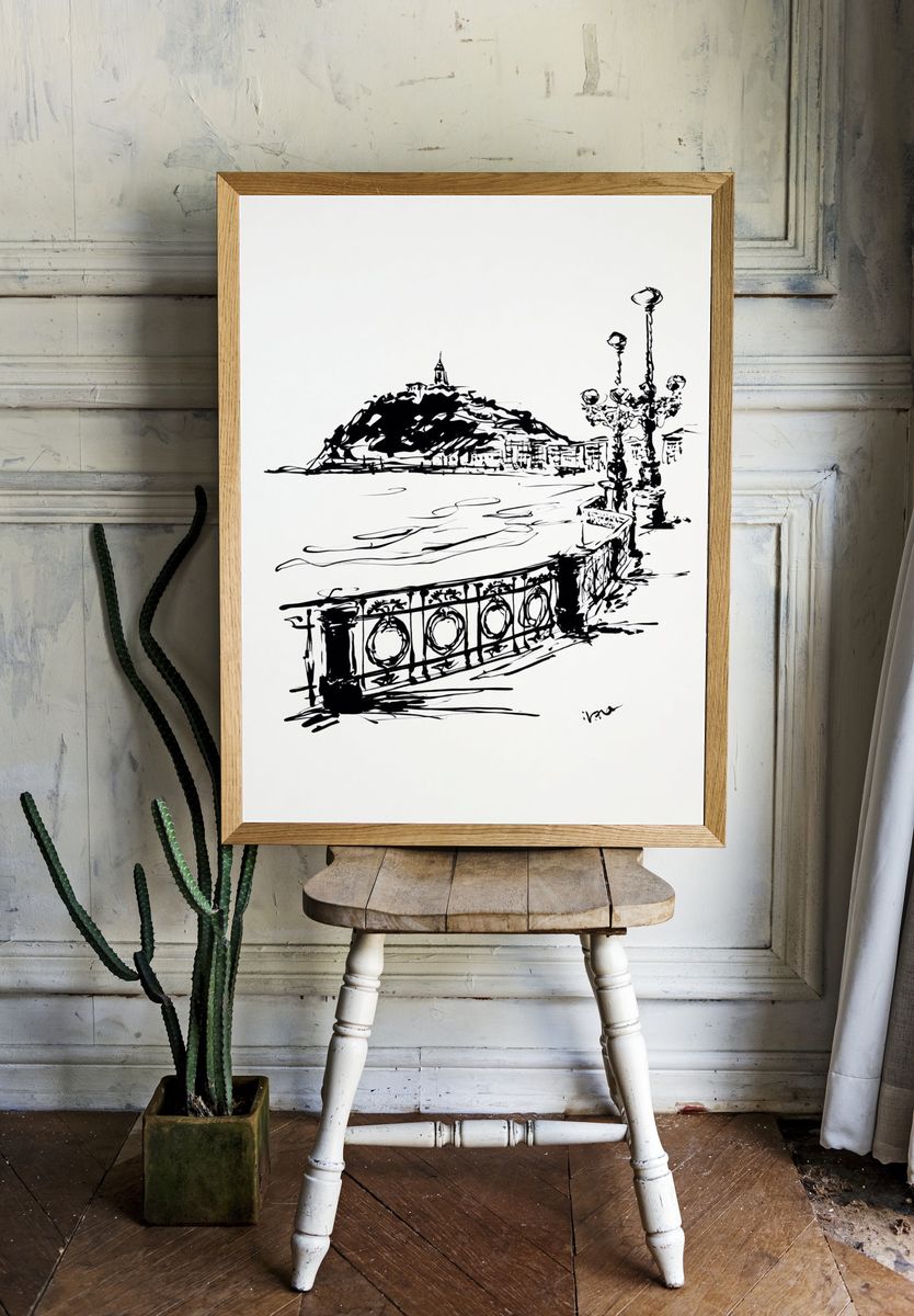 Seaside Promenade Ink Sketch Poster. — room view 1