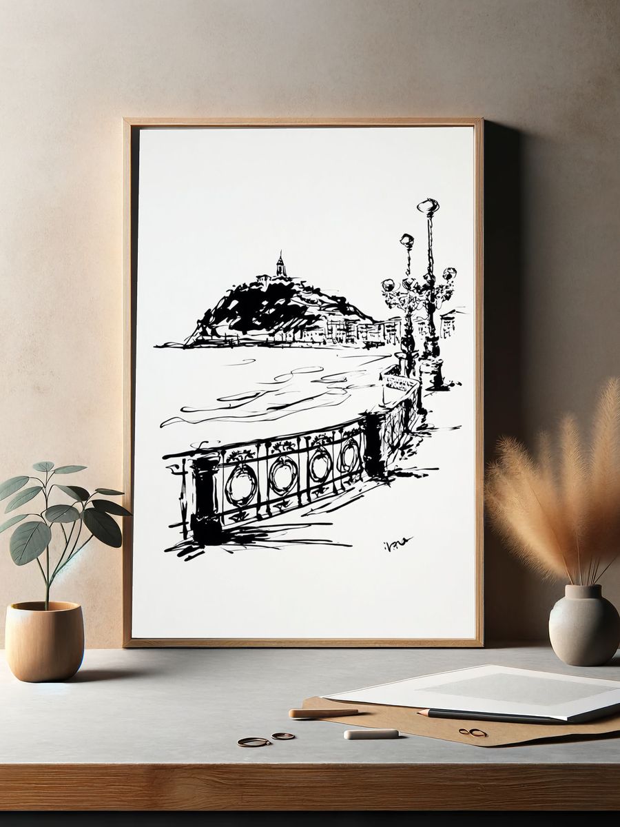 Seaside Promenade Ink Sketch Poster. — room view 2