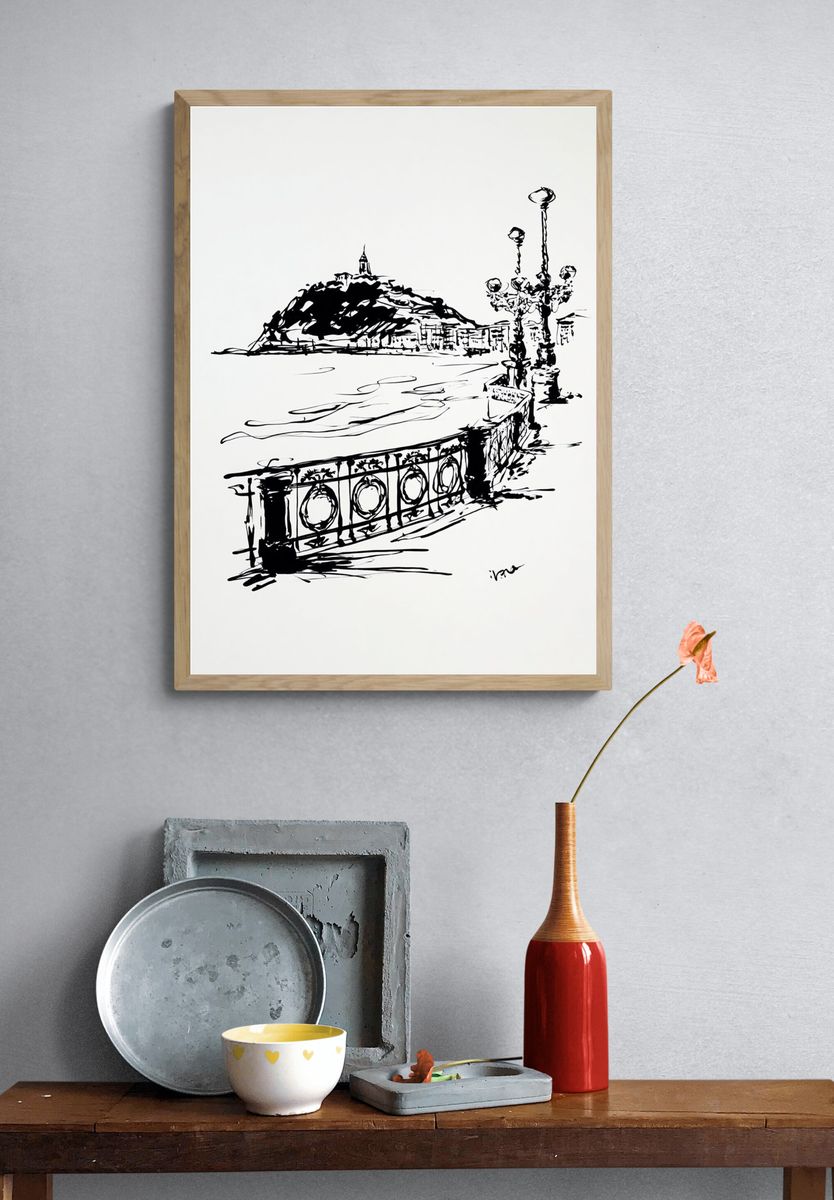 Seaside Promenade Ink Sketch Poster. — room view 3