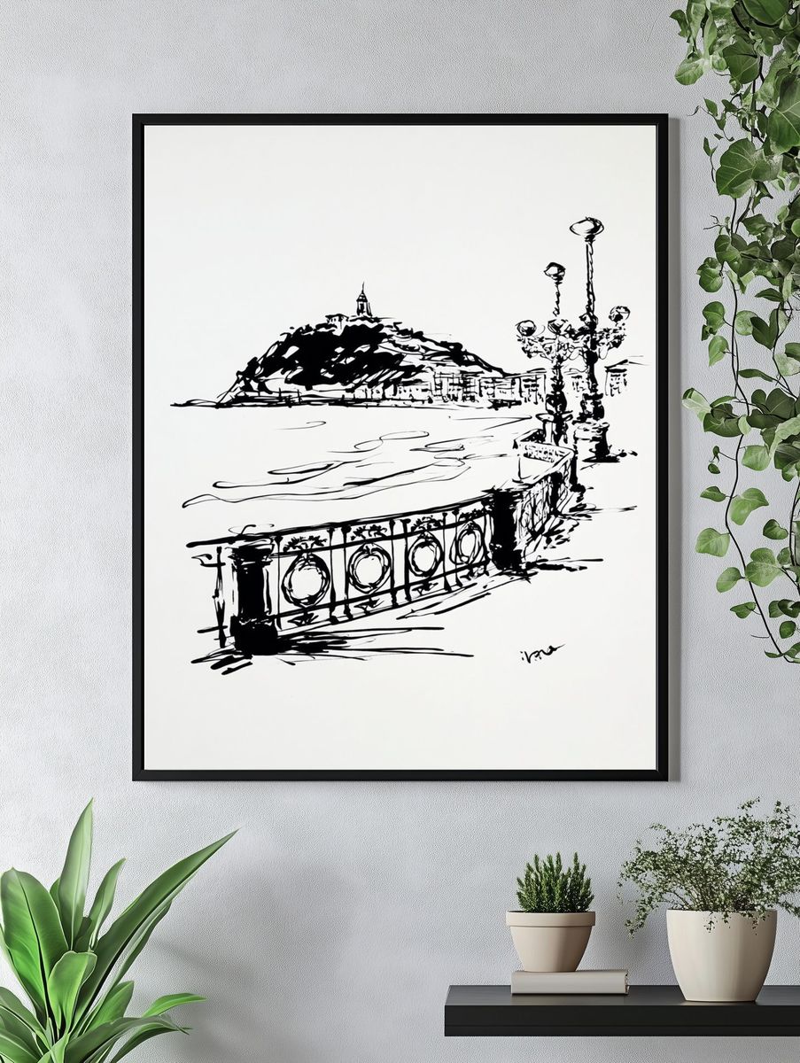 Seaside Promenade Ink Sketch Poster. — room view 4