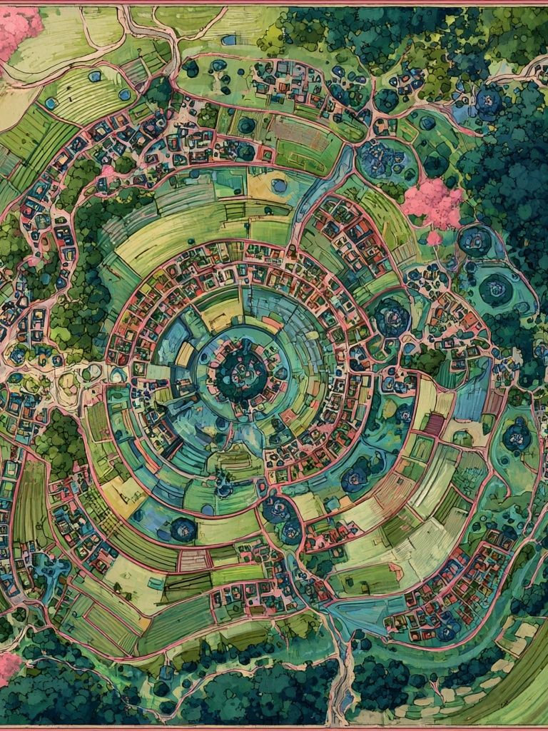 Circular Village Landscape — Illustration Print. poster detail