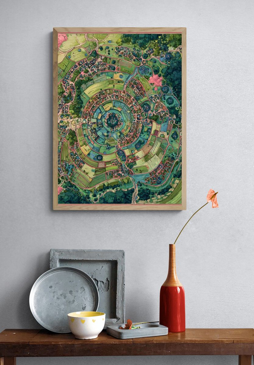 Circular Village Landscape — Illustration Print. — room view 3
