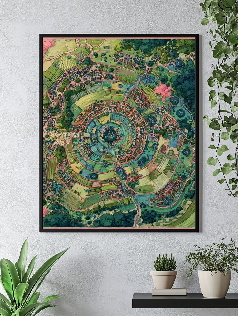 Circular Village Landscape — Illustration Print. — room view 4