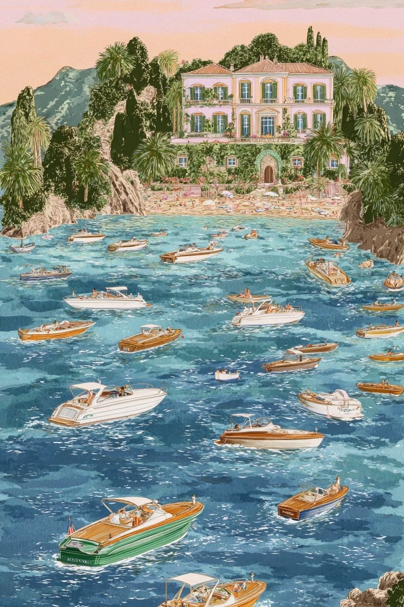 Coastal Villa with Boats — Illustration Print. poster detail