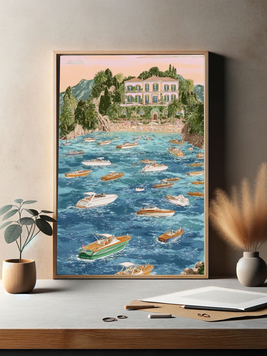 Coastal Villa with Boats — Illustration Print. — room view 2