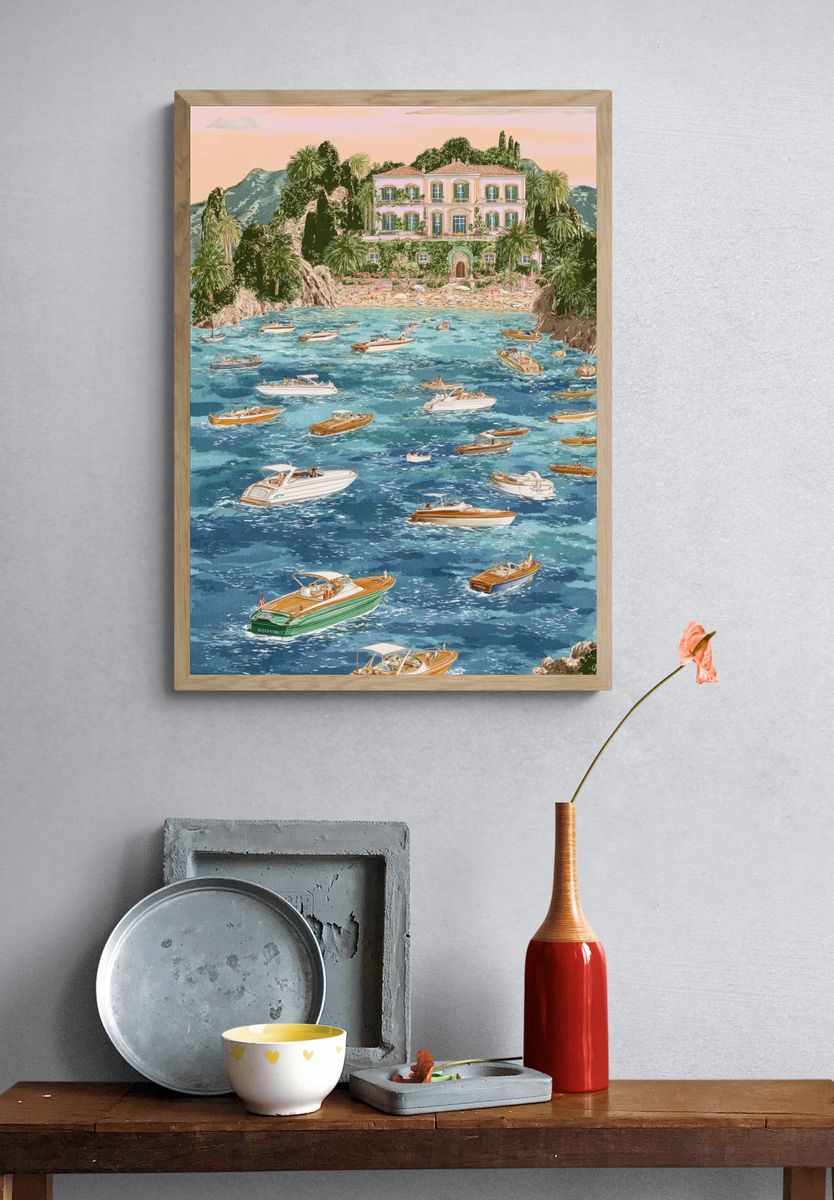 Coastal Villa with Boats — Illustration Print. — room view 3