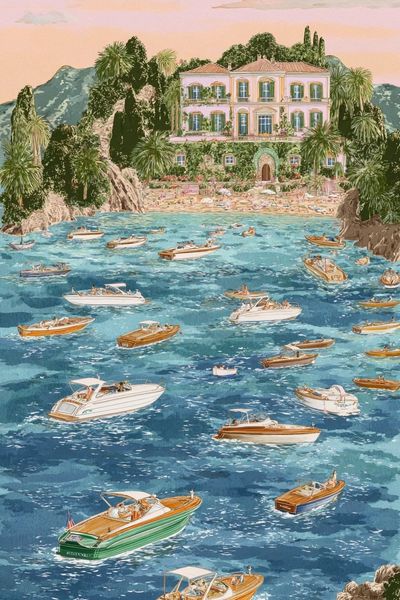 Coastal Villa with Boats — Illustration Print. poster print
