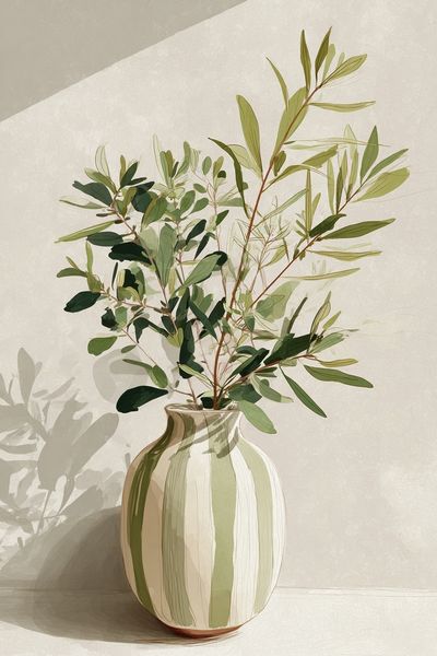 Greenery in Striped Vase — Illustration Print. poster print