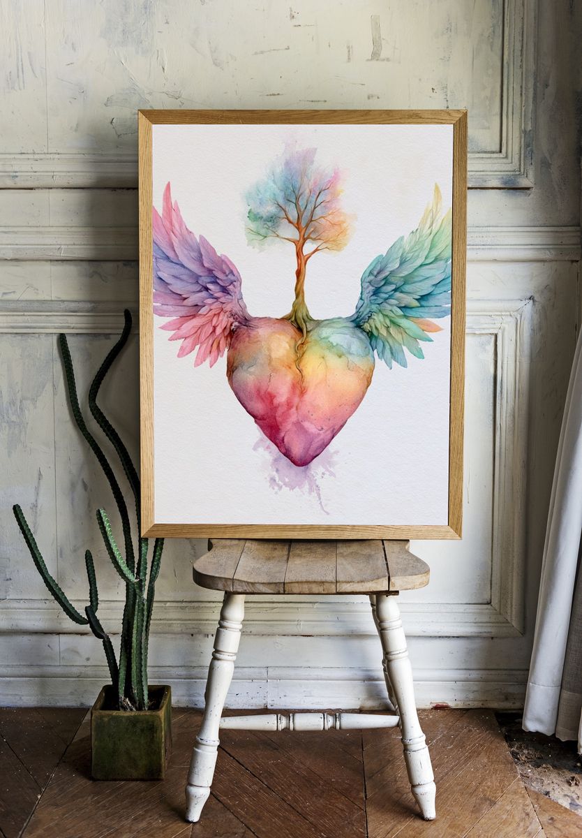 Winged Heart Watercolor Print. — room view 1