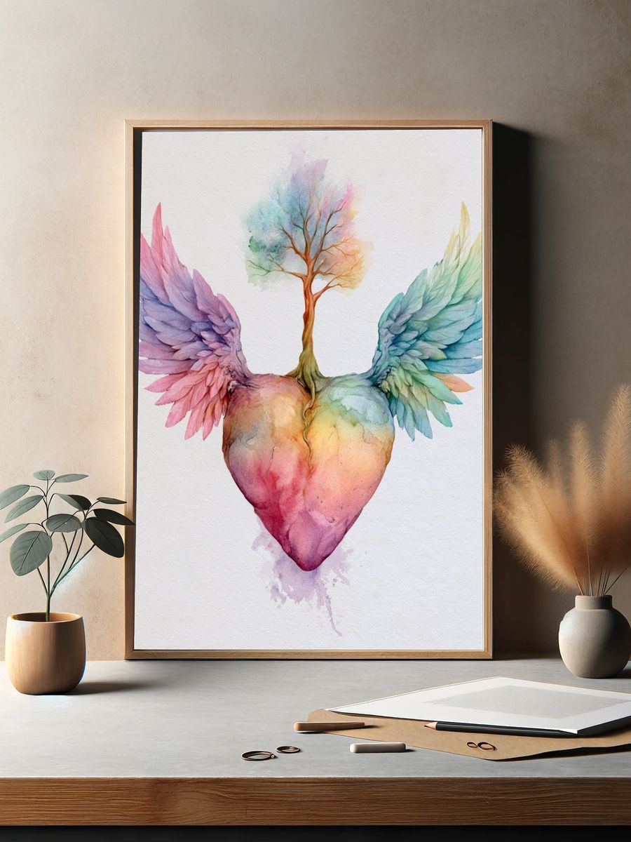 Winged Heart Watercolor Print. — room view 2