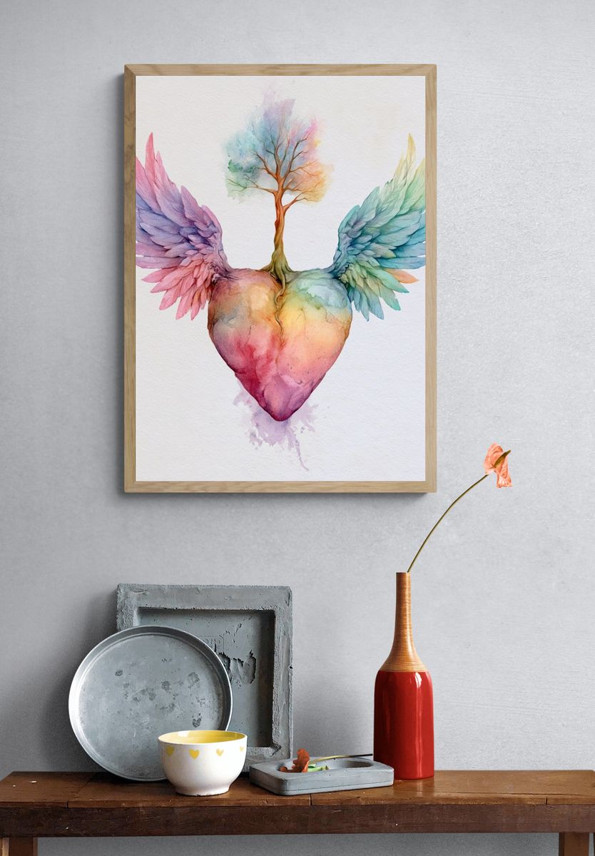 Winged Heart Watercolor Print. — room view 3