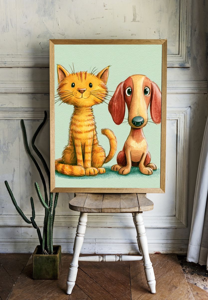 Cat and Dog Watercolor Poster. room preview