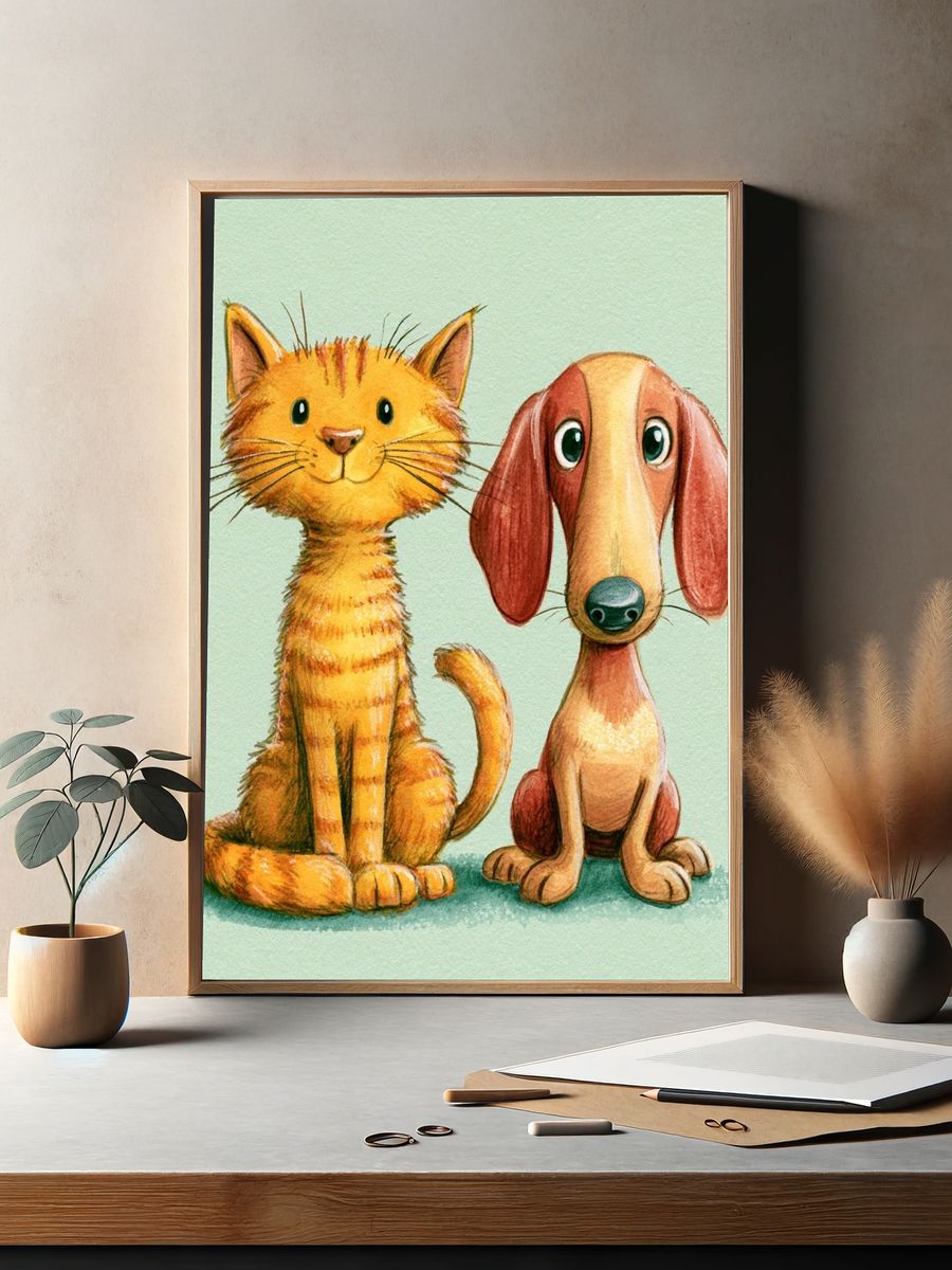 Cat and Dog Watercolor Poster. — room view 2