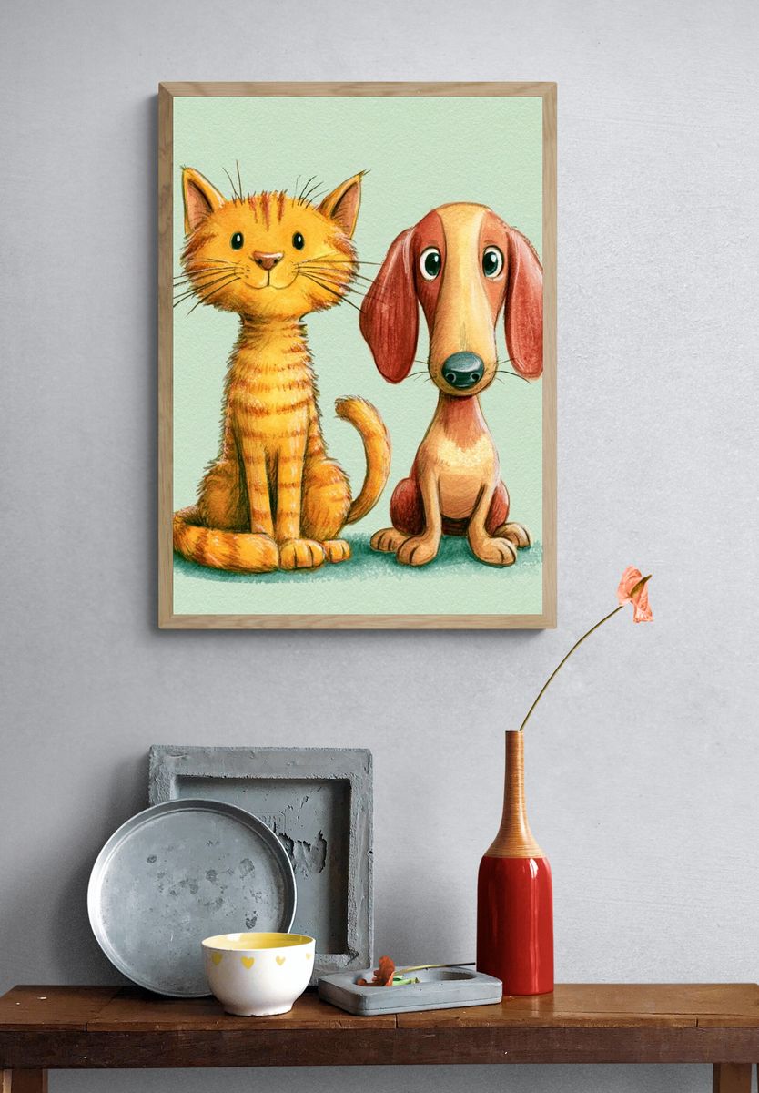 Cat and Dog Watercolor Poster. — room view 3