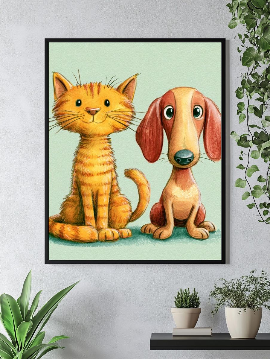 Cat and Dog Watercolor Poster. — room view 4
