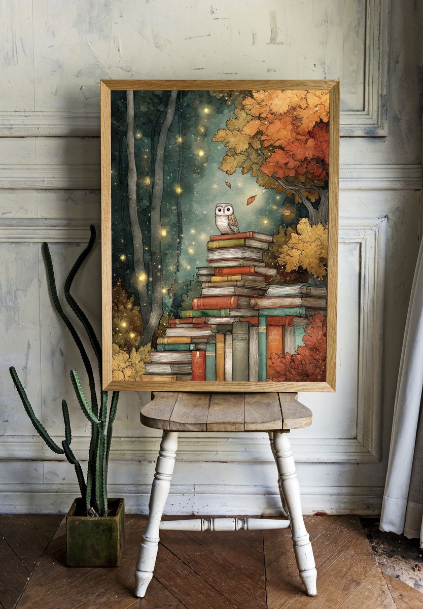 Owl in Autumn Library Poster. room preview
