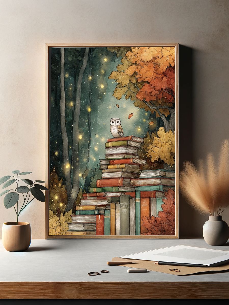 Owl in Autumn Library Poster. — room view 2