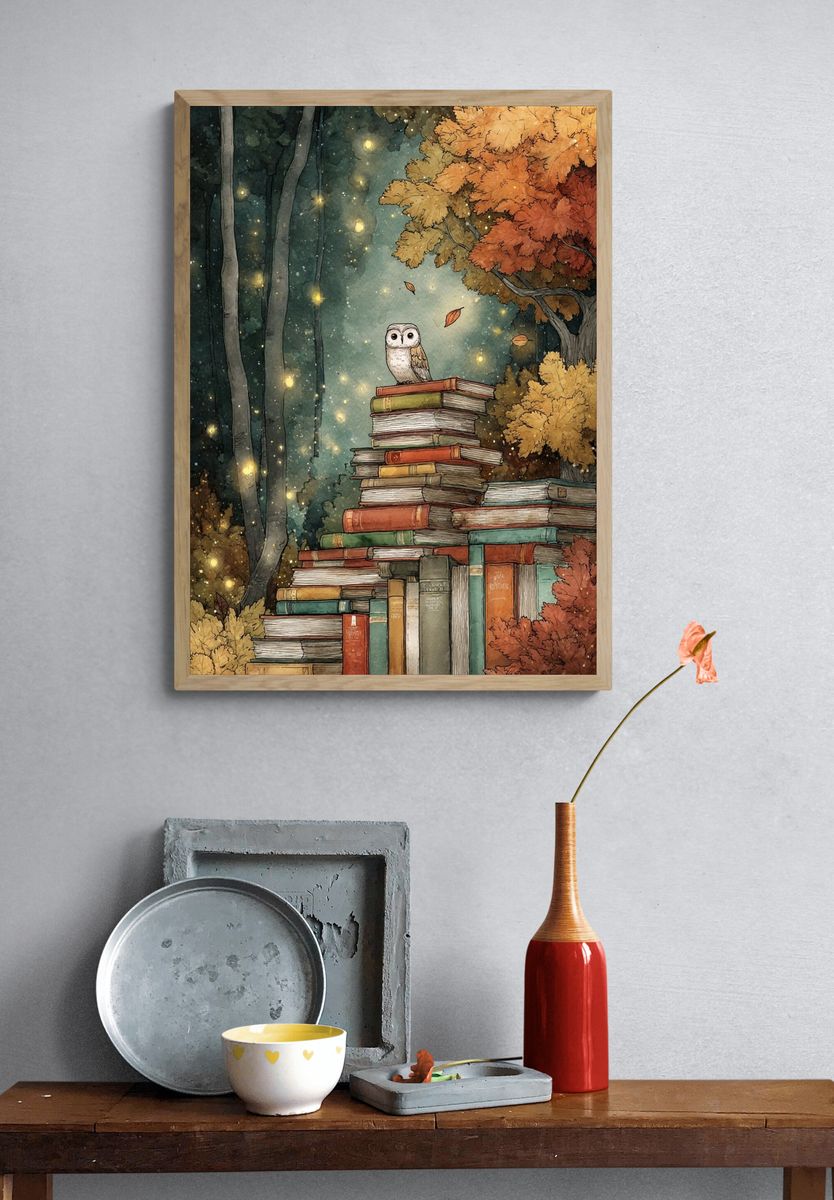 Owl in Autumn Library Poster. — room view 3