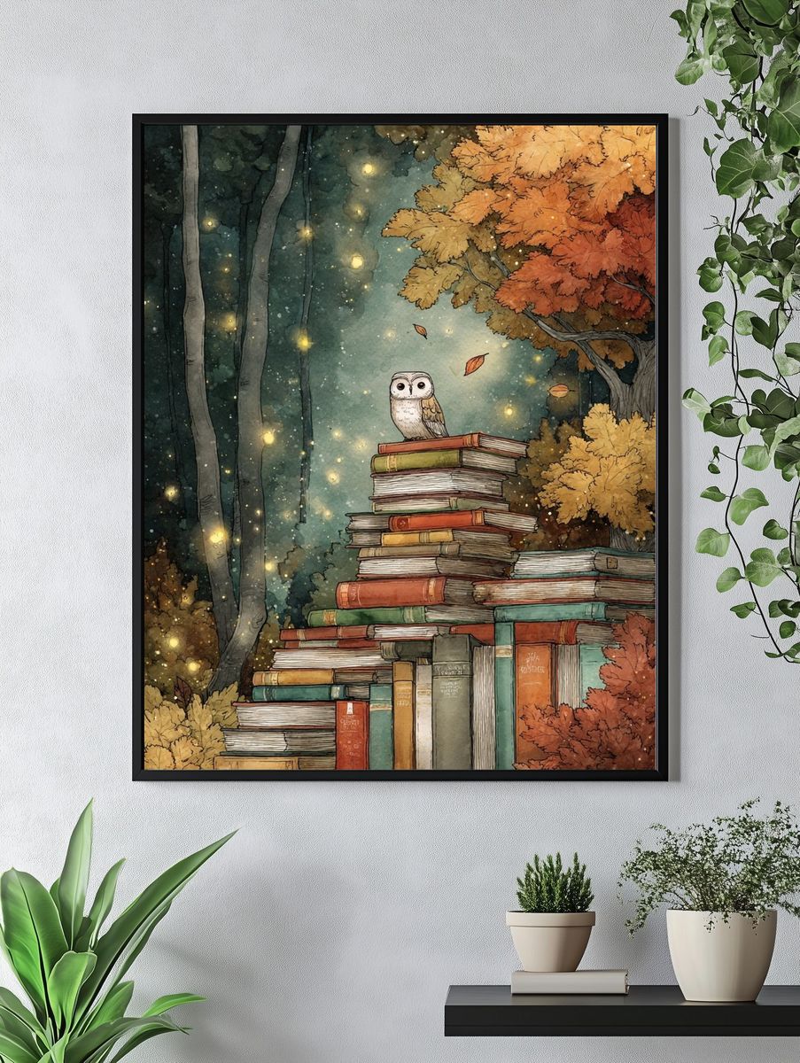 Owl in Autumn Library Poster. — room view 4